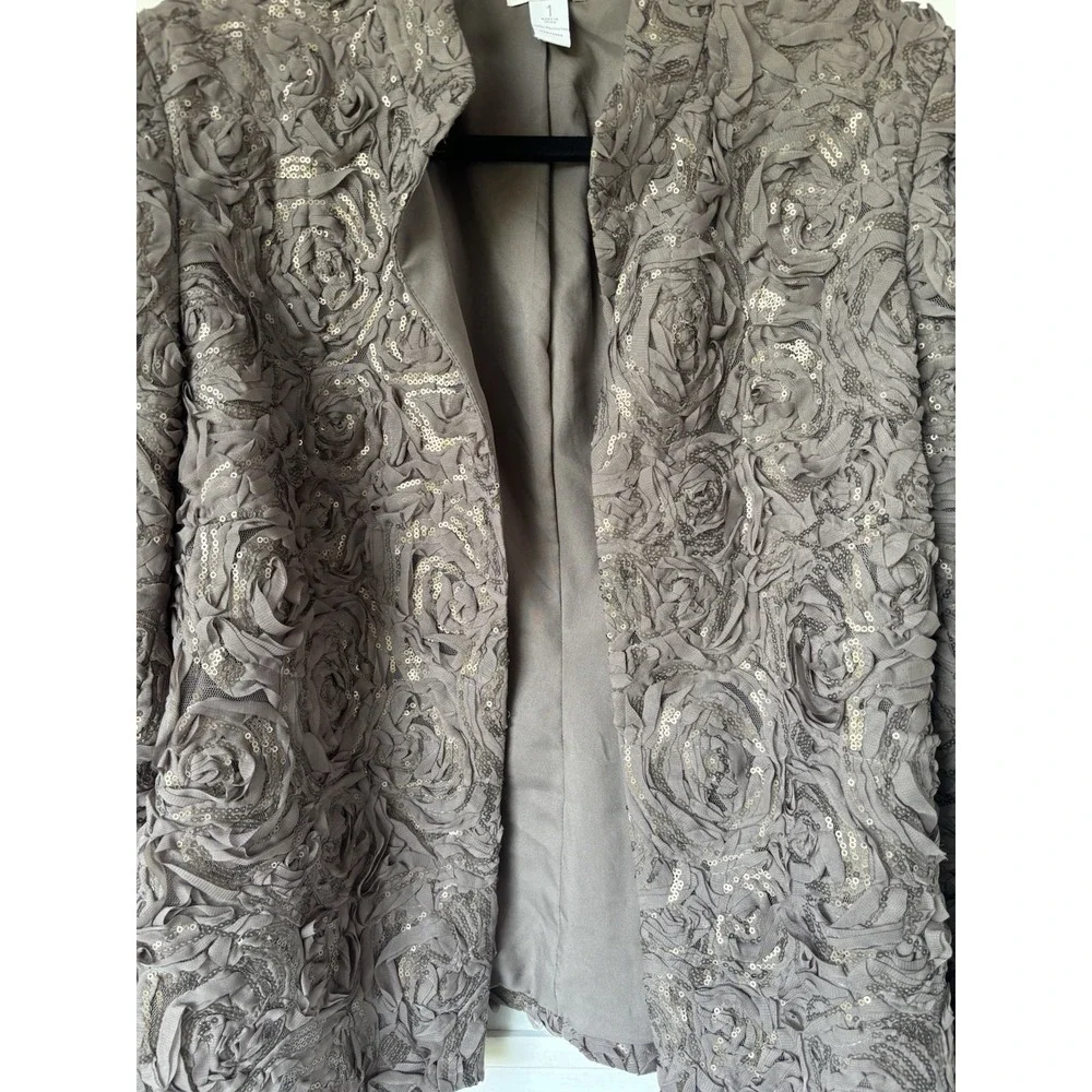 Chico's Embellished‎ Sequin Blazer Brown Taupe Open Front Size 1 (M 8/10)